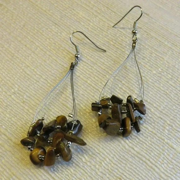 Handmade Tiger's Eye Gemstone Beads Triple Teardrop Loop 70mm Long Earrings - Picture 1 of 1